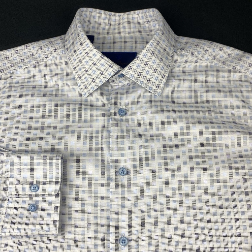 David Donahue Dress Shirt Men's 17-34/35 White w/Blue Checks Trim Fit